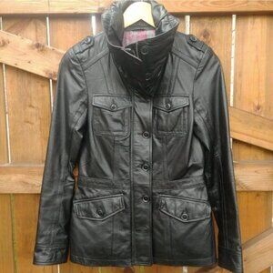 DANIER: Black Genuine Leather Jacket Coat With Cinched Waist, FITS XXS to XS